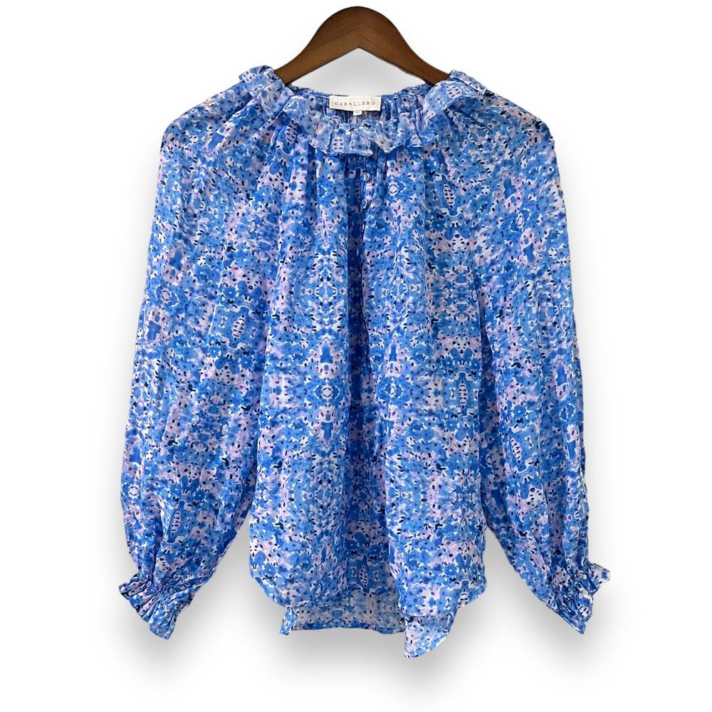 NEW Anthropologie Caballero Leigh Ink Blot Blouse Blue XS Puff Sleeve Boho